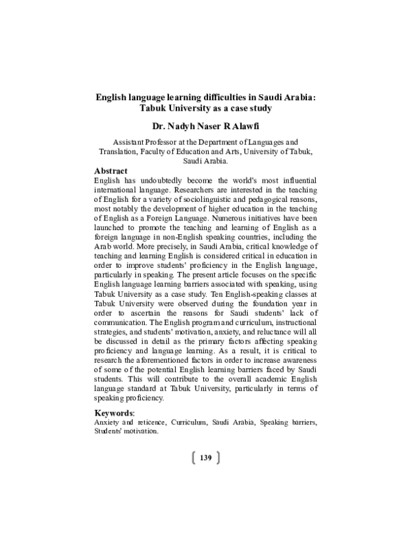 (PDF) English language learning difficulties in Saudi Arabia: Tabuk ...