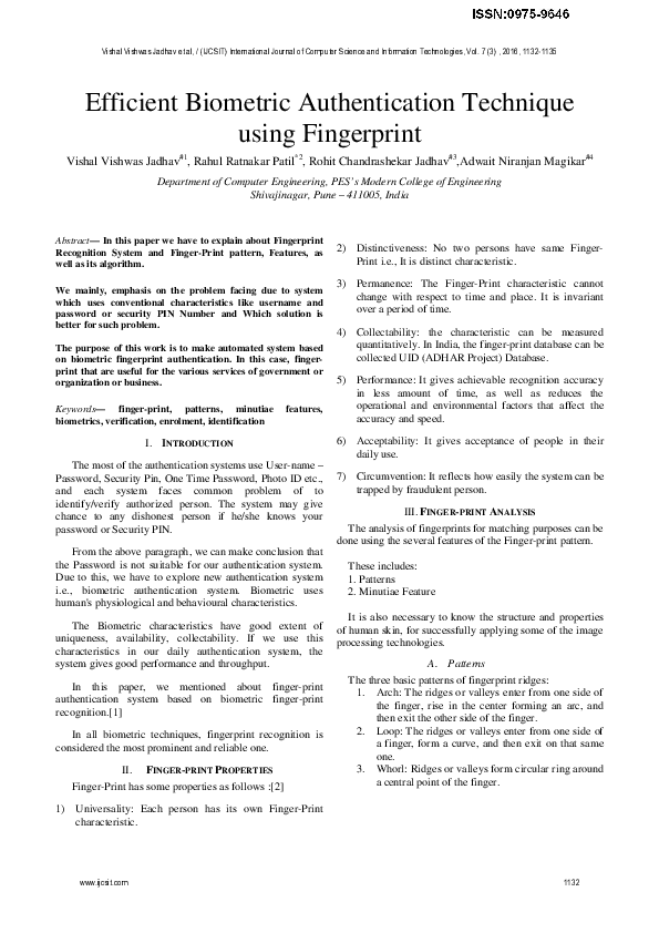 (PDF) Efficient Biometric Authentication Technique using Fingerprint