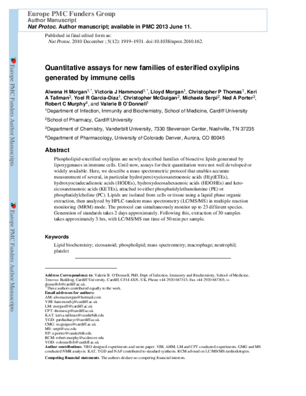(PDF) Quantitative assays for esterified oxylipins generated by immune ...