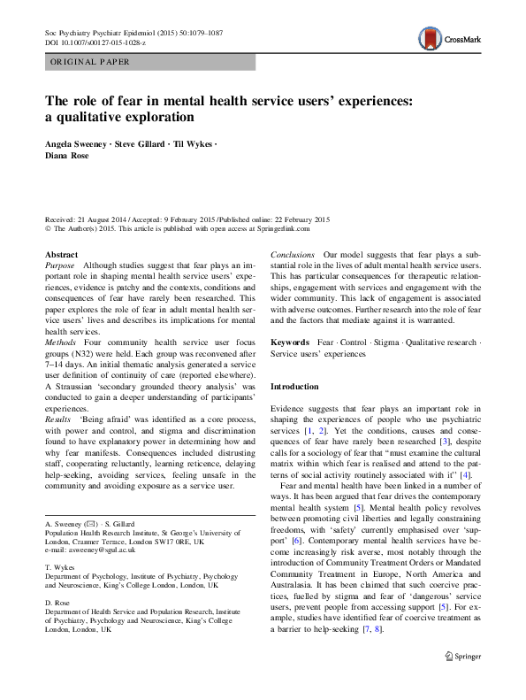 (PDF) The role of fear in mental health service users’ experiences: a ...
