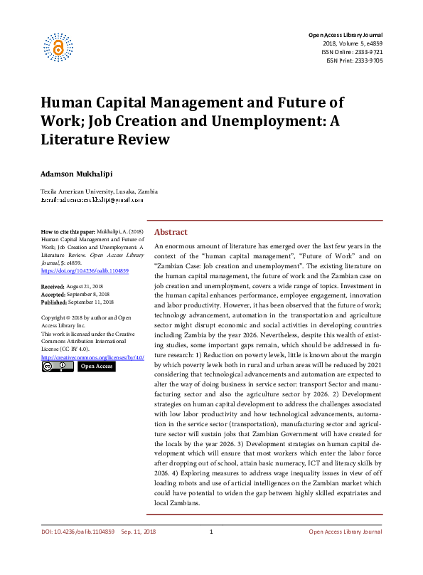 (PDF) Human Capital Management and Future of Work; Job Creation and ...