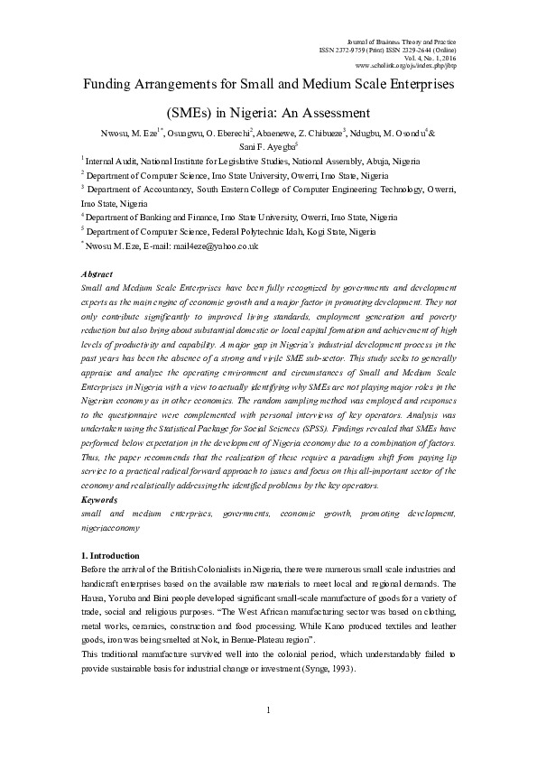 (PDF) Funding Arrangements for Small and Medium Scale Enterprises (SMEs ...