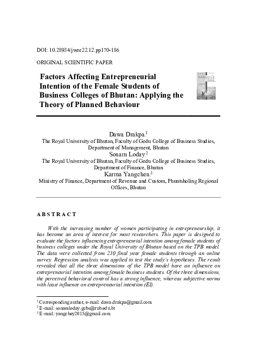 (PDF) Factors Affecting Entrepreneurial Intention of the Female ...