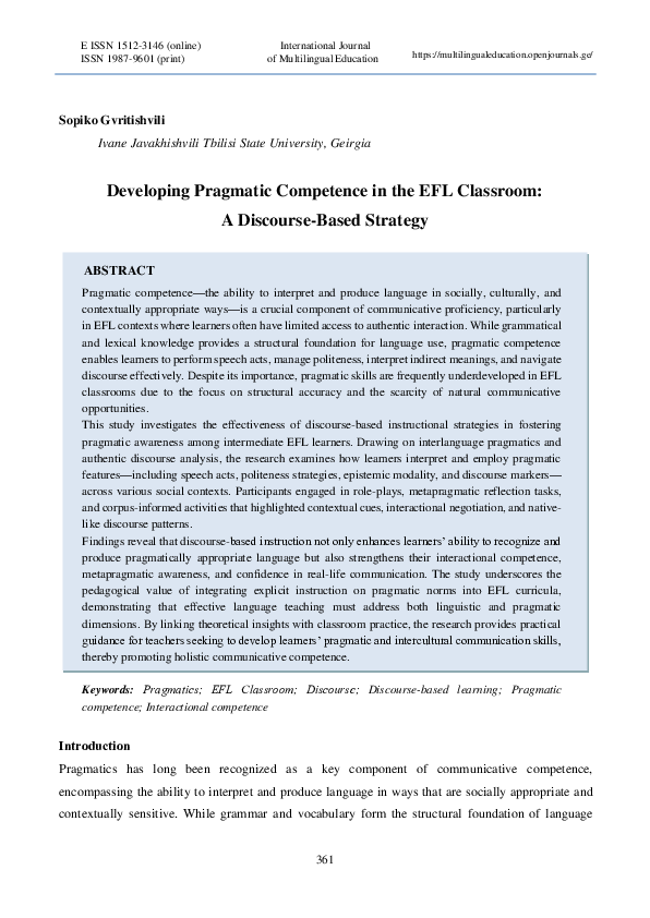(PDF) Developing Pragmatic Competence in the EFL Classroom: A Discourse ...