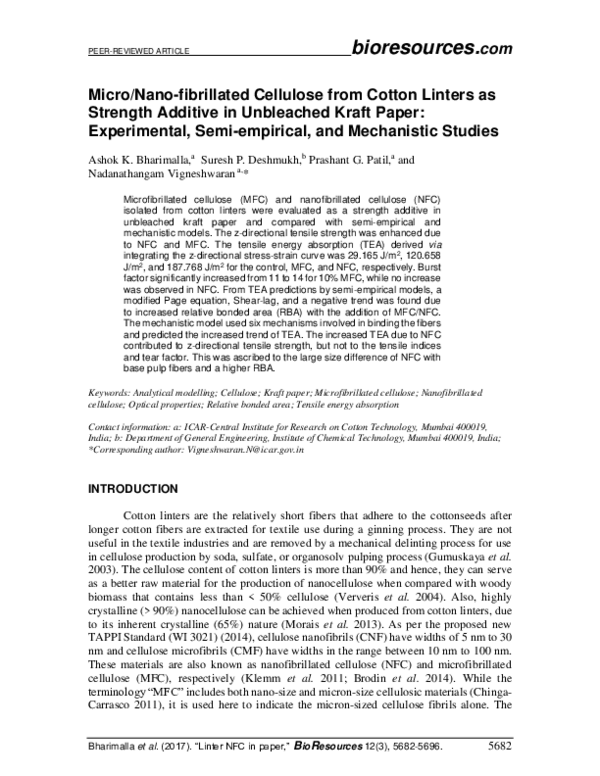 (PDF) Micro/Nano-fibrillated Cellulose from Cotton Linters as Strength ...