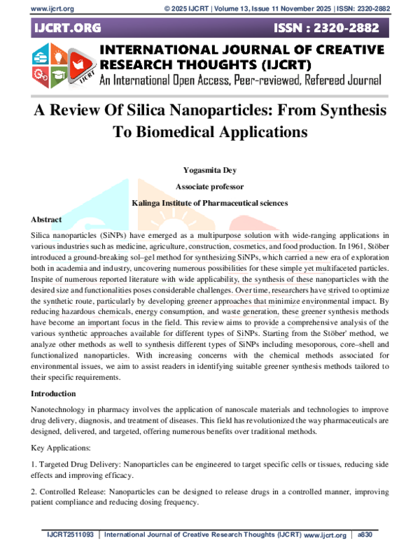 (PDF) A Review Of Silica Nanoparticles: From Synthesis To Biomedical ...