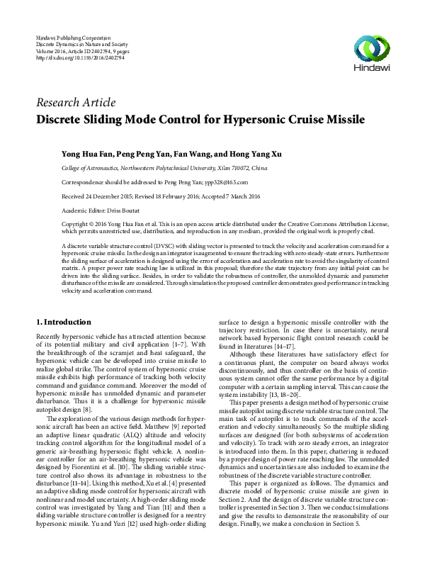 (PDF) Discrete Sliding Mode Control for Hypersonic Cruise Missile