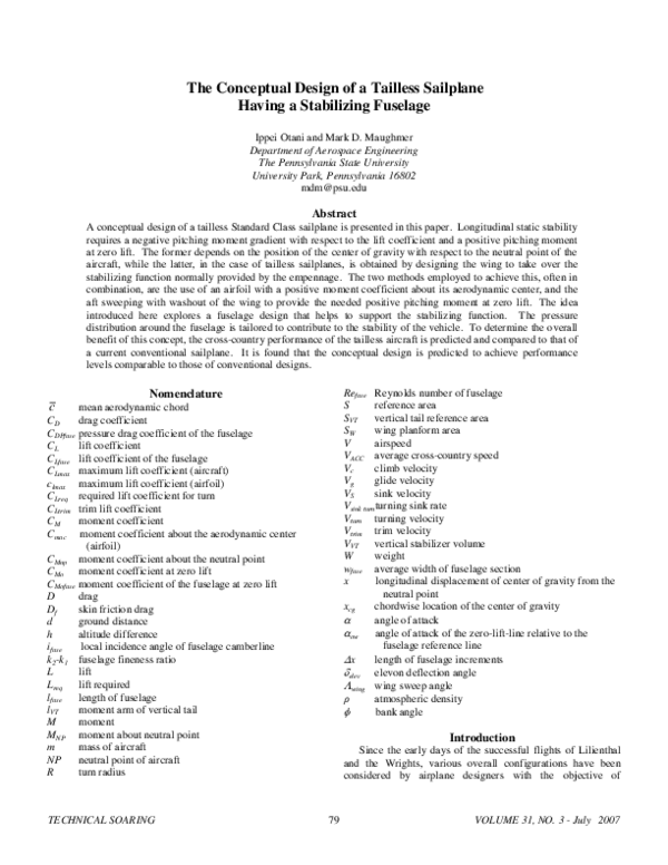 (PDF) The Conceptual Design of a Tailless Sailplane Having a ...