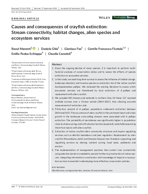 (PDF) Causes and consequences of crayfish extinction: Stream ...