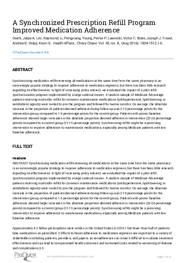 (PDF) A Synchronized Prescription Refill Program Improved Medication ...
