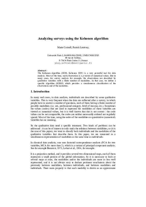 (PDF) Analyzing surveys using the Kohonen algorithm