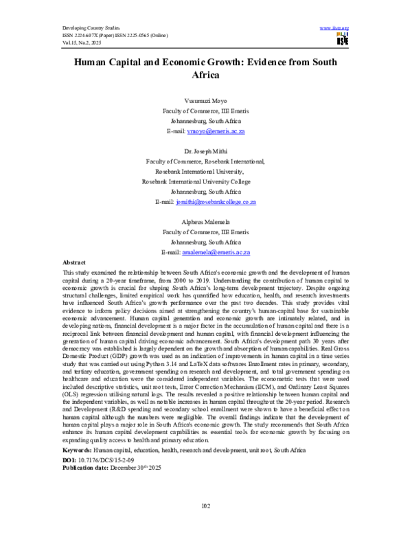 (PDF) Human Capital and Economic Growth: Evidence from South Africa