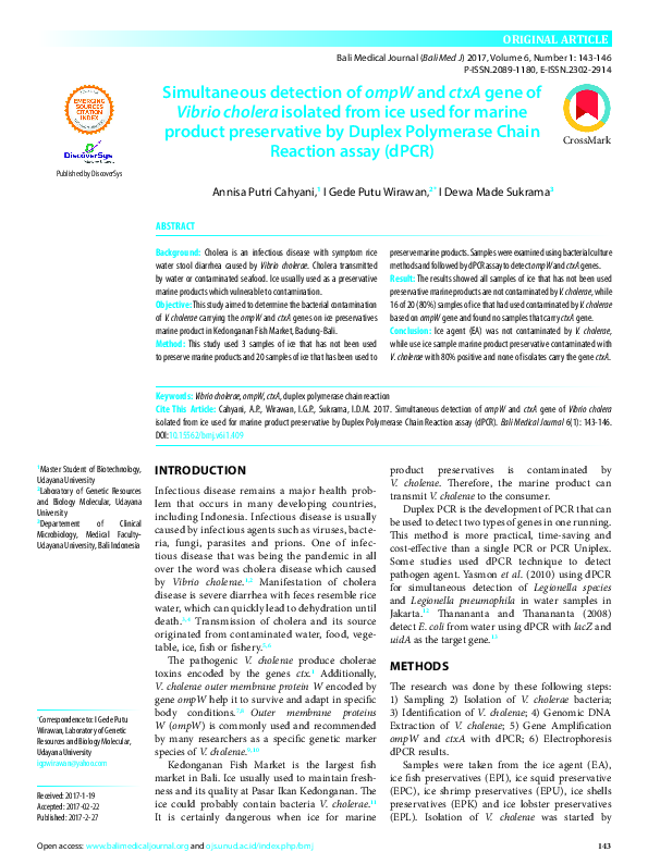 (PDF) Simultaneous detection of ompW and ctxA gene of Vibrio cholera ...
