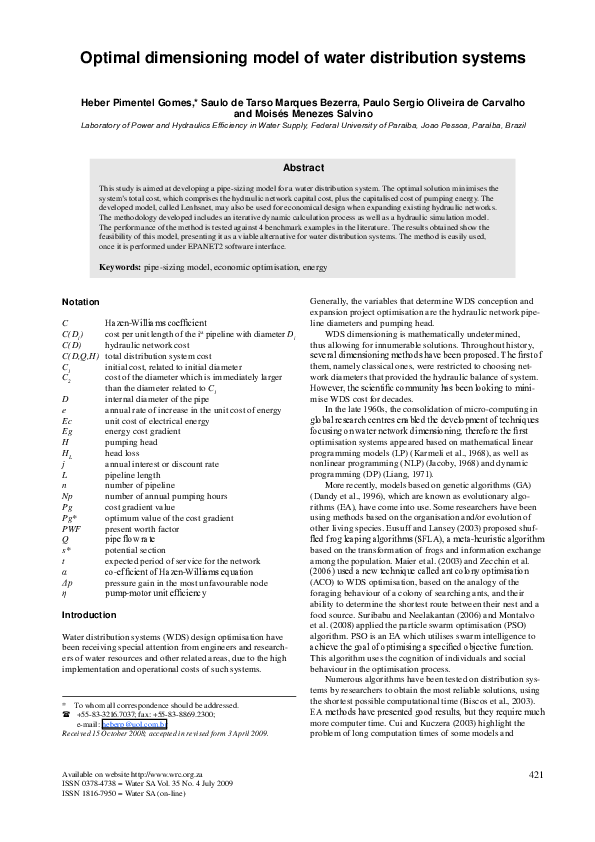 (PDF) Optimal dimensioning model of water distribution systems