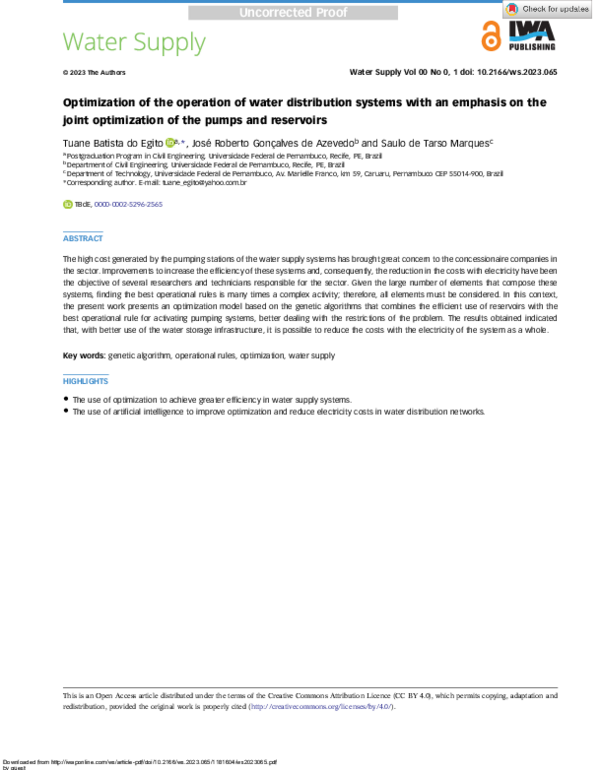 (PDF) Optimization of the operation of water distribution systems with ...