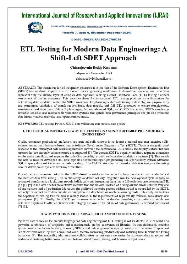 (PDF) ETL Testing for Modern Data Engineering: A Shift-Left SDET Approach