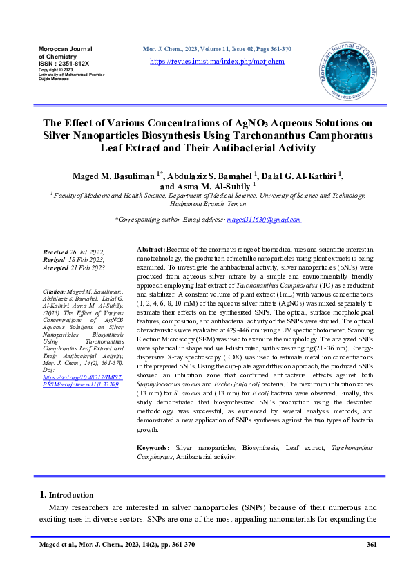 (PDF) The Effect of Various Concentrations of AgNO3 Aqueous Solutions ...
