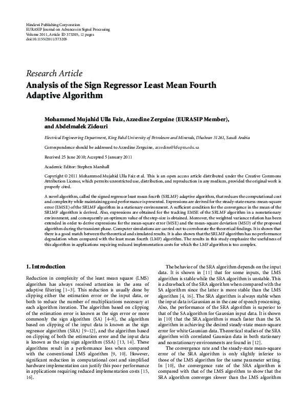 (PDF) Analysis of the Sign Regressor Least Mean Fourth Adaptive Algorithm