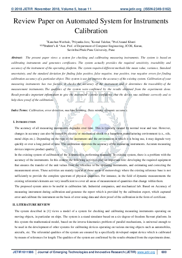(PDF) Review Paper on Automated System for Instruments Calibration