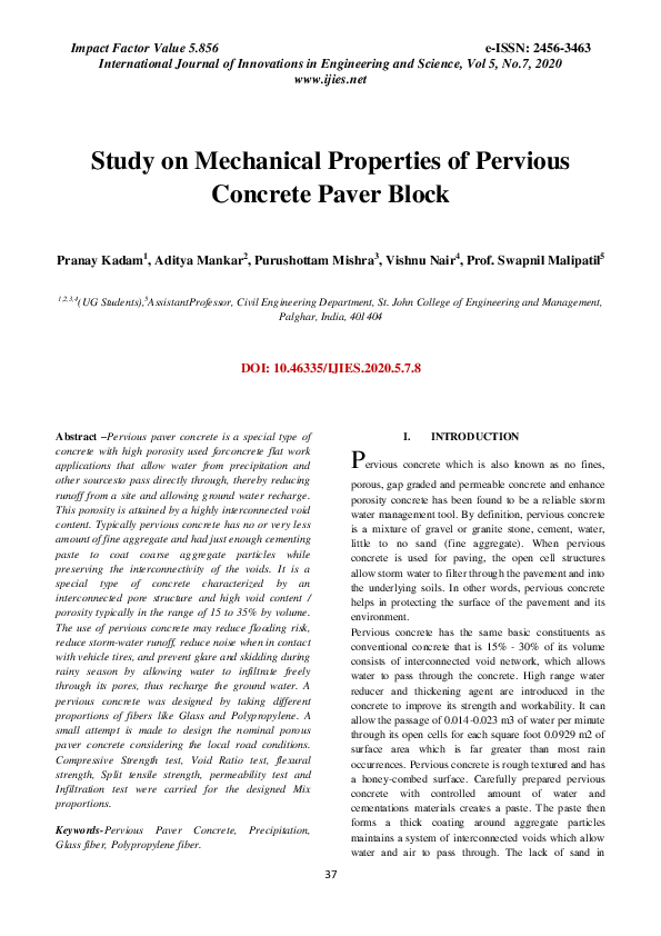 (PDF) Study on Mechanical Properties of Pervious Concrete Paver Block