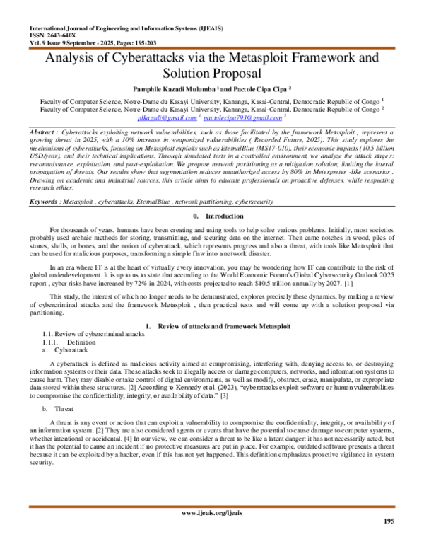 (PDF) Analysis of Cyberattacks via the Metasploit Framework and ...