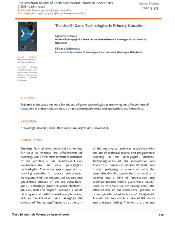 (PDF) The Use Of Game Technologies In Primary Education