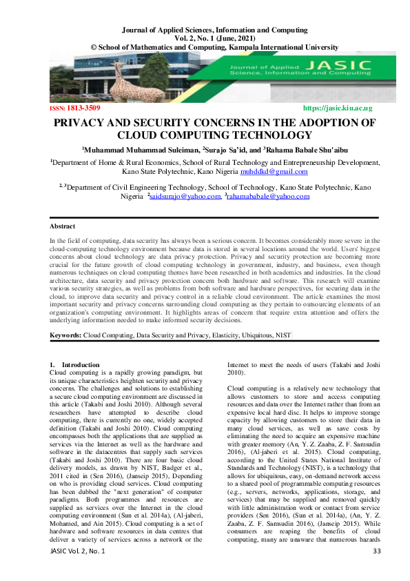 (PDF) Privacy and Security Concerns in the Adoption of Cloud Computing ...