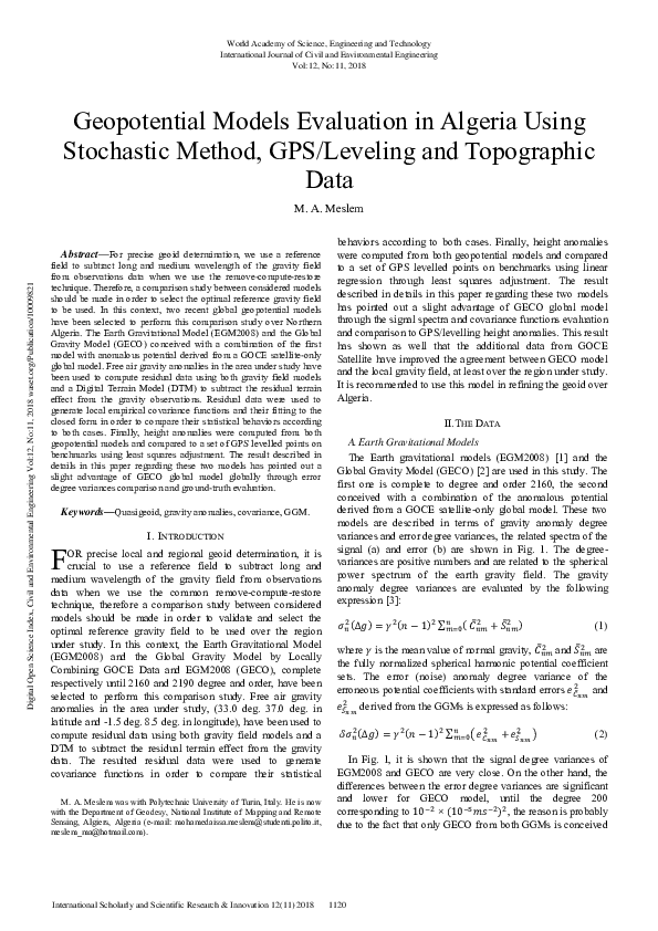 (PDF) Geopotential Models Evaluation in Algeria Using Stochastic Method ...