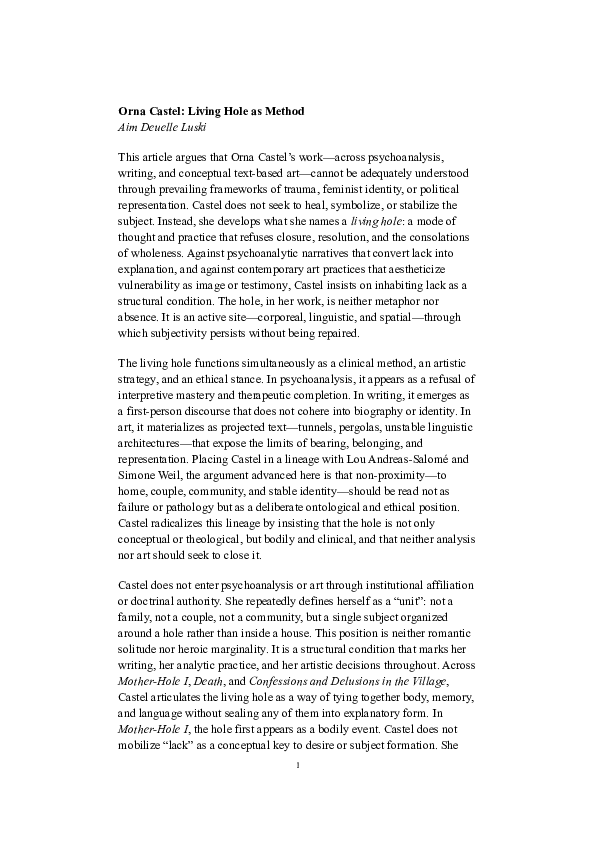 (PDF) Orna Castel: Living Hole as Method Aim Deuelle Luski