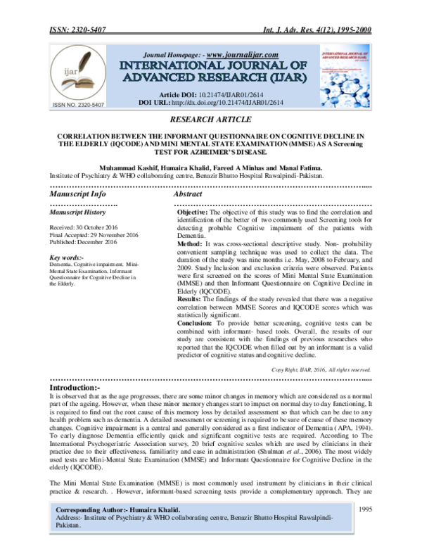 (PDF) CORRELATION BETWEEN THE INFORMANT QUESTIONNAIRE ON COGNITIVE ...