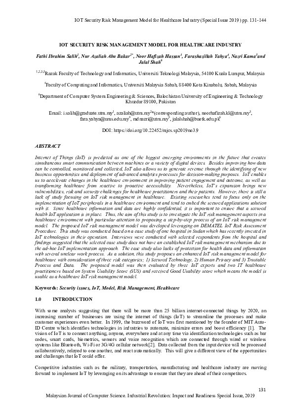(PDF) Iot Security Risk Management Model for Healthcare Industry