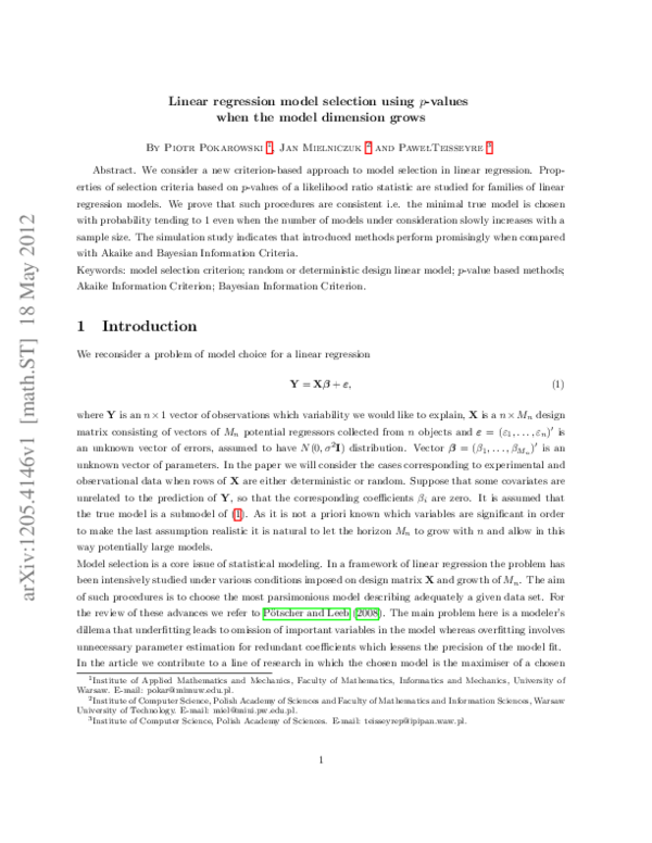 (PDF) Linear regression model selection using p-values when the model ...