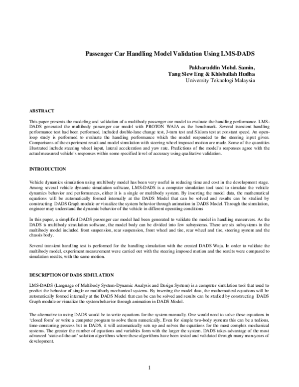 (PDF) Passenger car handling model validation using LMS-DADS