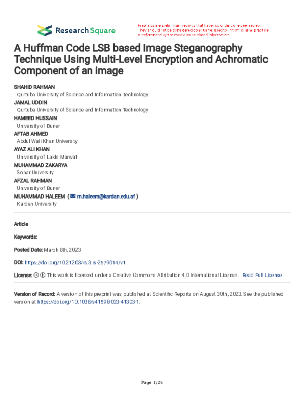 (PDF) A Huffman Code LSB based Image Steganography Technique Using ...