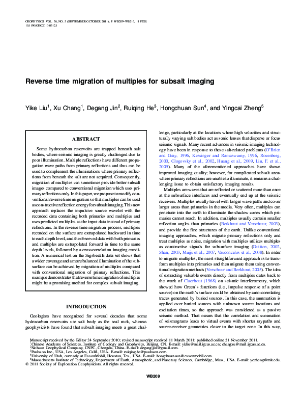 (PDF) Reverse time migration of multiples for subsalt imaging