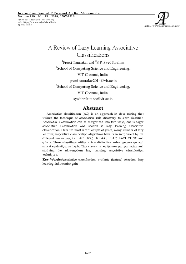 (PDF) A Review of Lazy Learning Associative Classifications