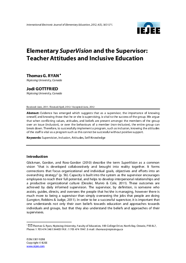 (PDF) Elementary SuperVision and the Supervisor: Teacher Attitudes and ...