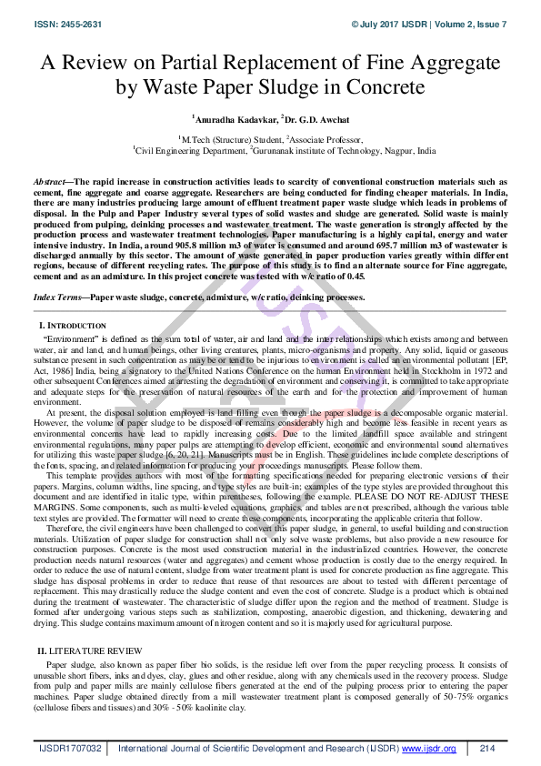 (PDF) A Review on Partial Replacement of Fine Aggregate by Waste Paper ...
