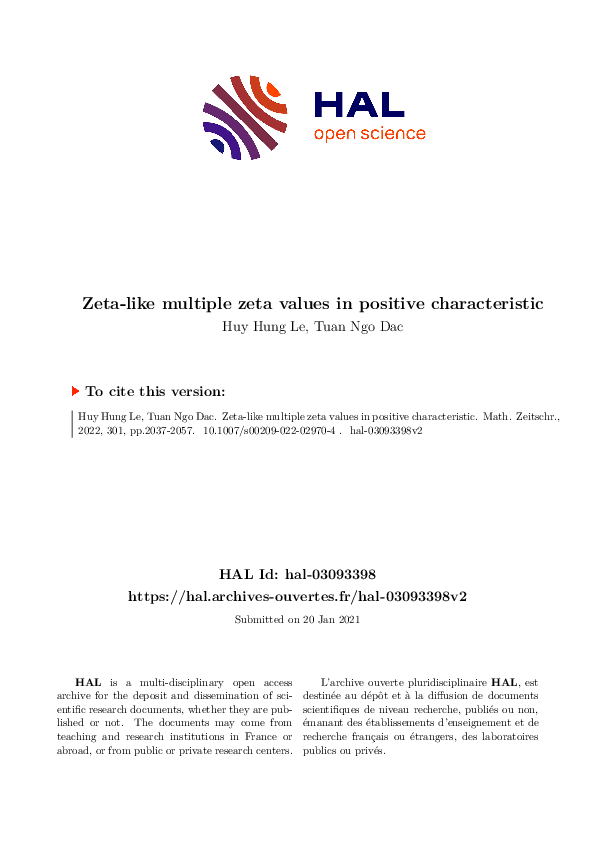 (PDF) Zeta-like multiple zeta values in positive characteristic