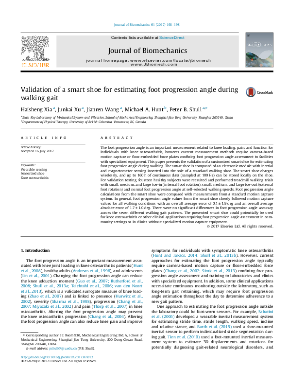 (PDF) Validation of a smart shoe for estimating foot progression angle ...