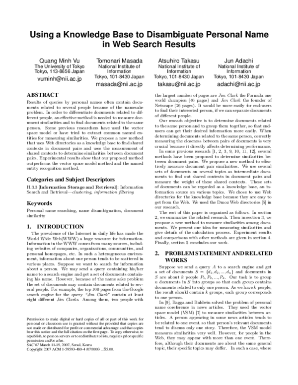 (PDF) Using a knowledge base to disambiguate personal name in web ...