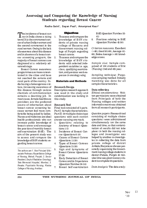 (PDF) Assessing and Comparing the Knowledge of Nursing Students ...