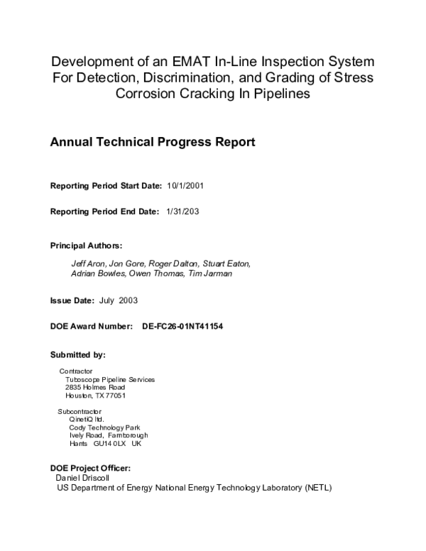 (PDF) Development of an Emat In-Line Inspection System for Detection ...