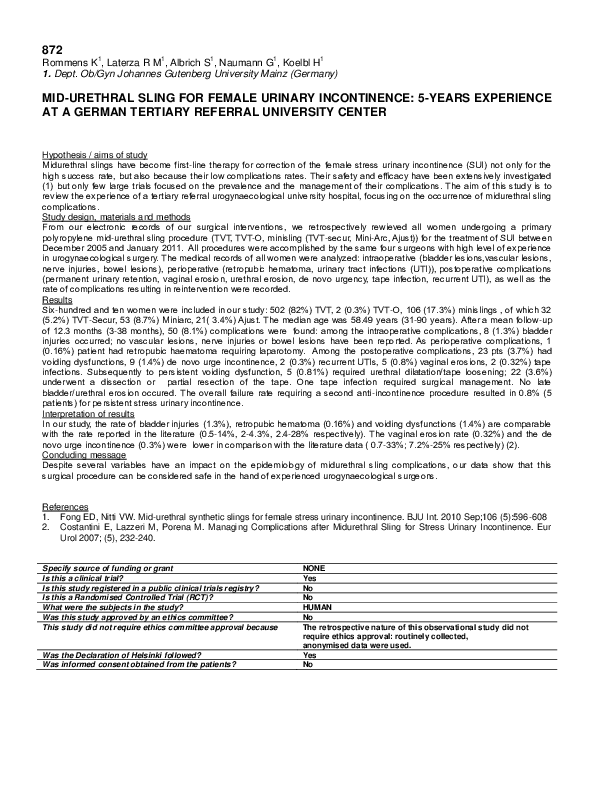 (PDF) Mid-Urethral Sling for Female Urinary Incontinence: 5-YEARS ...