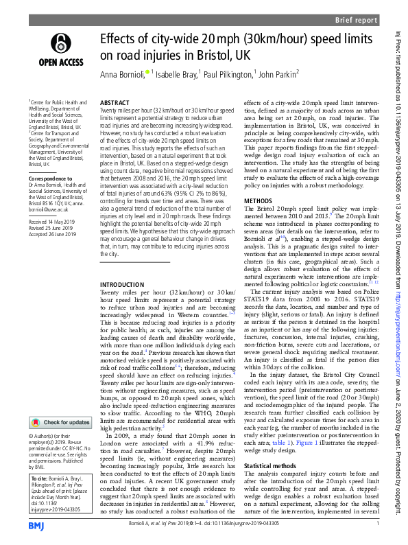 (PDF) Effects of city-wide 20 mph (30km/hour) speed limits on road ...