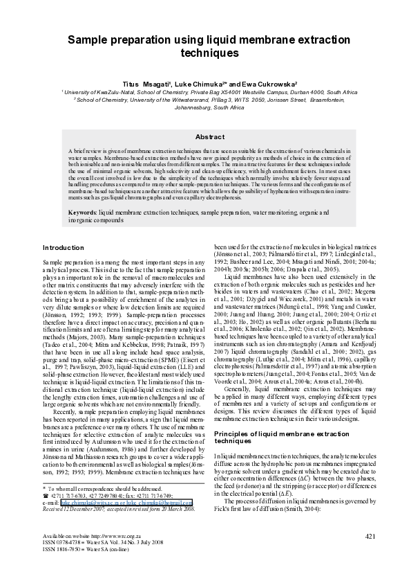 (PDF) Sample preparation using liquid membrane extraction techniques