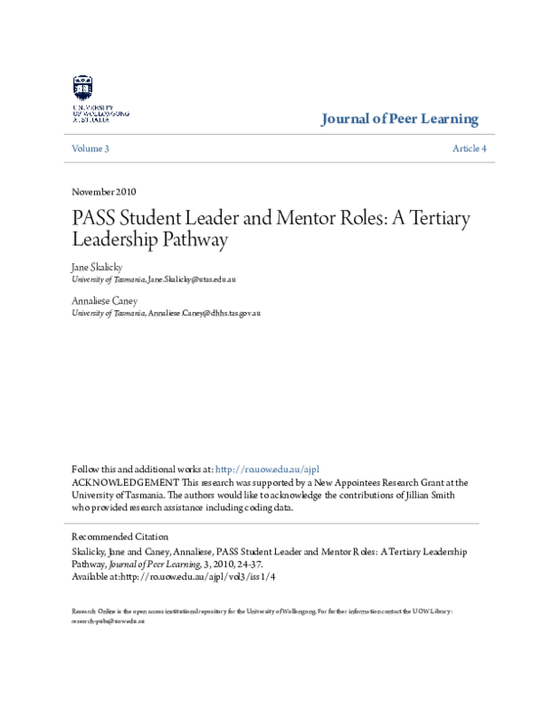 (PDF) PASS Student Leader and Mentor Roles: A Tertiary Leadership Pathway