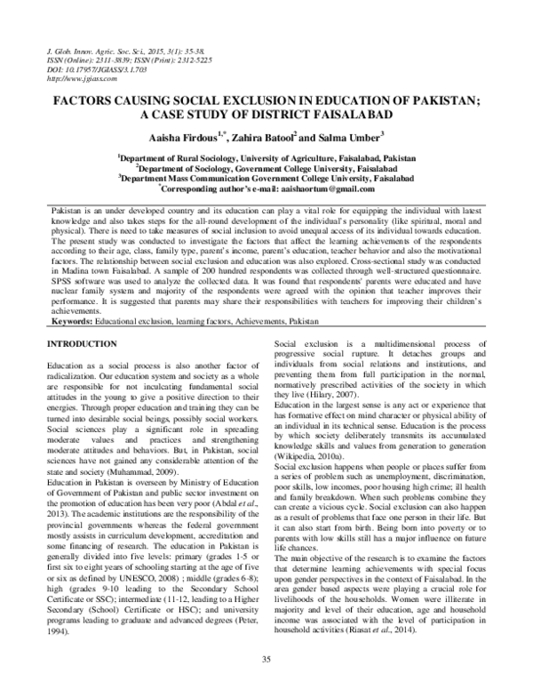 (PDF) Factors Causing Social Exclusion in Education of Pakistan; a Case ...