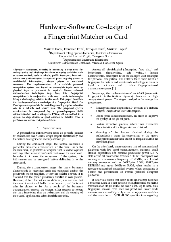 (PDF) Hardware-Software Co-design of a Fingerprint Matcher on Card