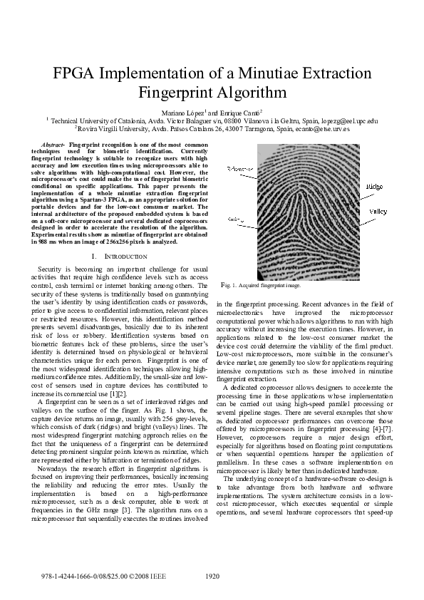 (PDF) FPGA implementation of a minutiae extraction fingerprint algorithm
